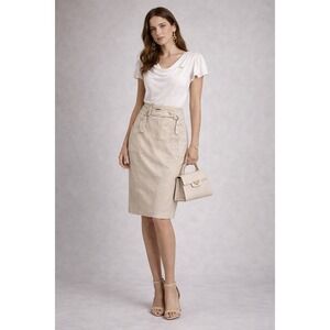 Emporio Armani Beige Utility Pencil Skirt D-Ring Belted Cargo USA 12 IT 46